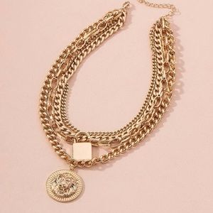 Gold Multi-Chain Lion Medallion Necklace